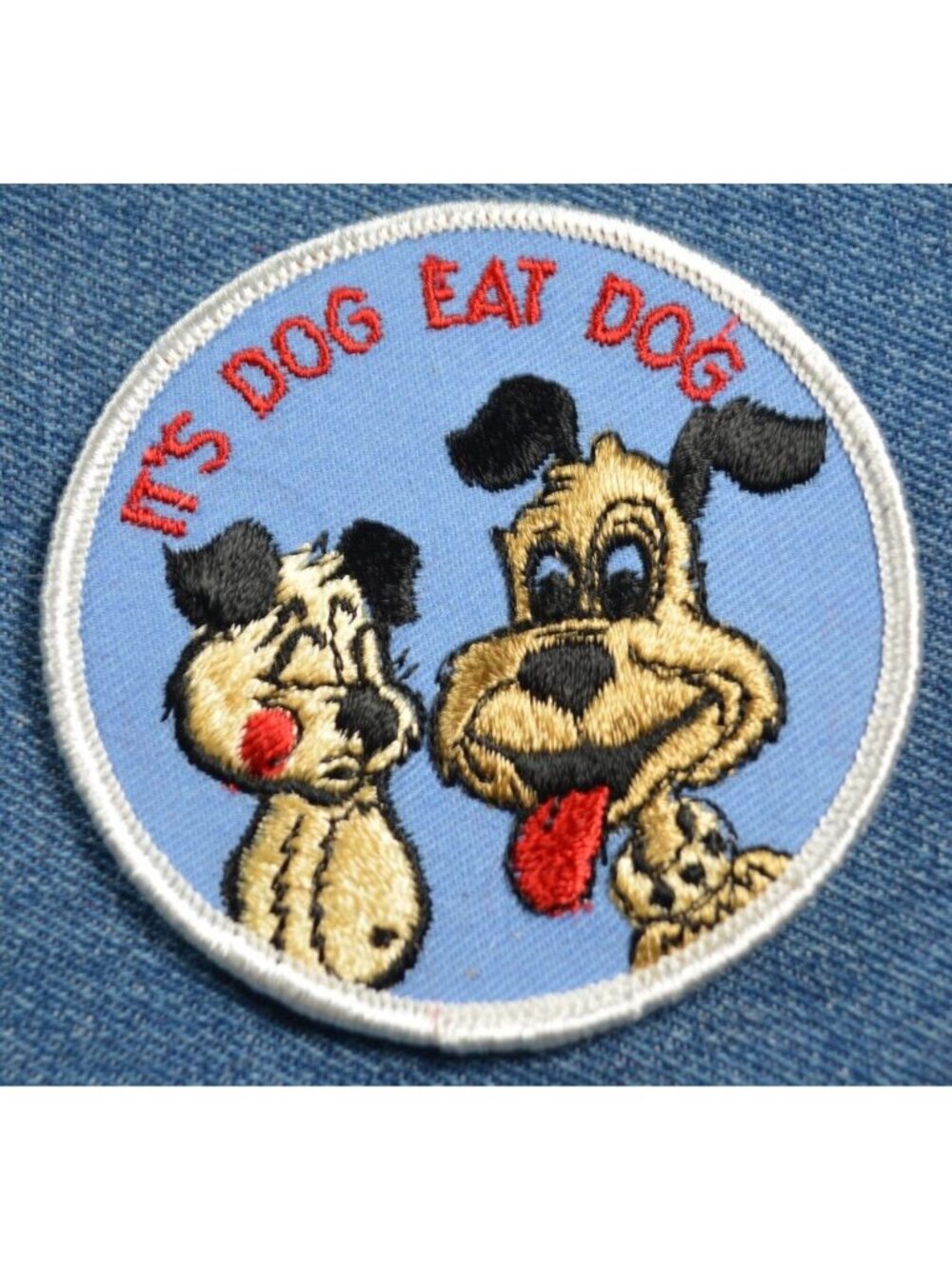 Original NOS 70s Vintage DOG EAT DOG 3" Patch Funny Humor Satire Naughty Sexy